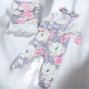 Baby Essentials Gray and Pink Floral Outfit Set & blanket